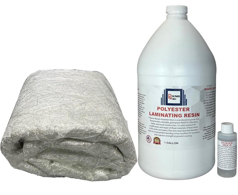 Polymer World - 1 Gal Polyester Resin with 1.5x50x10 Yard Chopped Strand Mat, Fiberglass Kit for Boats, Automobiles, Surfboard, RV, Canoes, Jetski, Watercraft, with MEKP - Image 1